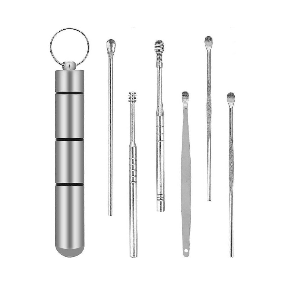 Silver 6 Pieces Earwax Removal Cleaning Kit Portable Spoon Spiral Ear Picker Ears Wax Cleaner