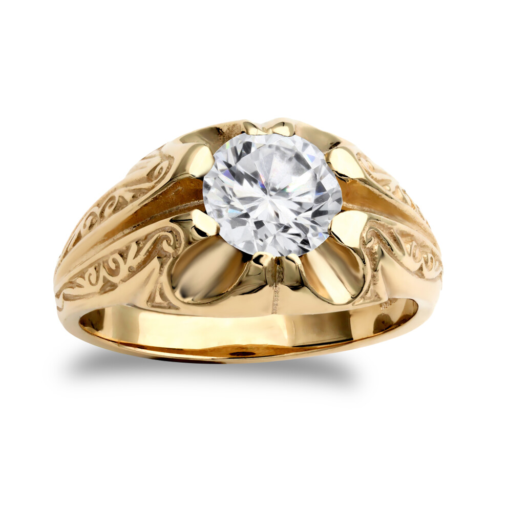 (R) Jewelco London Men's Solid 9ct Yellow Gold White Round Brilliant Cubic Zirconia Solitaire Carved Gypsy Ring 8mm 2 Carats - JRN193