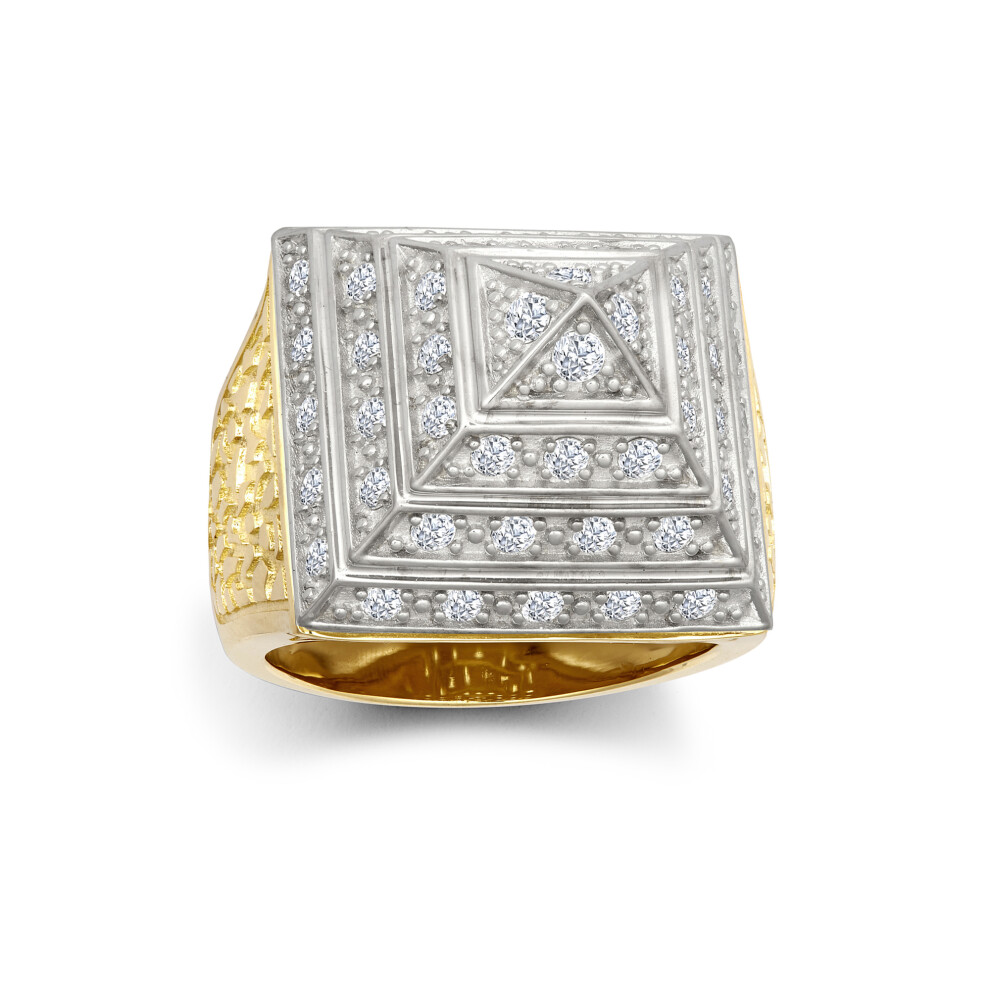 (W) Jewelco London Men's 9ct Yellow and White Gold White Cubic Zirconia Egyptian Pyramid 1oz 25mm Signet Ring - JRN564