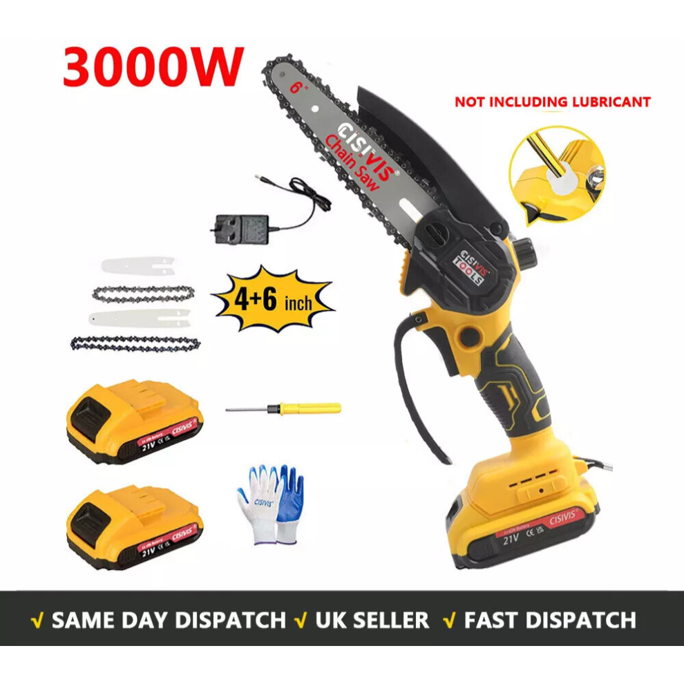 4/6'' Electric Cordless Mini Chainsaw Saw Wood Cutter + 2 Batteries