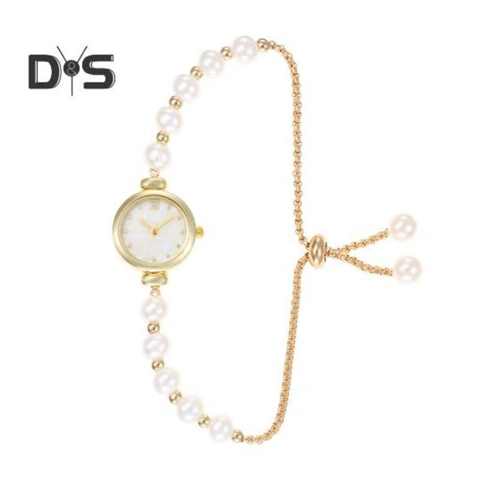 (golden) Women Faux Pearl Bracelet Watch Adjustable Strap Round Rhinestone Dial Ladies Casual Formal Dress Quartz Wristwatch Fashion Jewelry Accessory