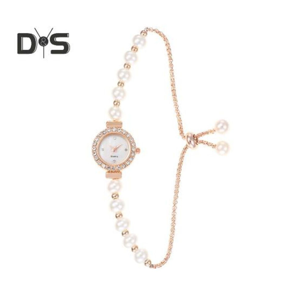 (rose gold) Women Faux Pearl Bracelet Watch Adjustable Strap Round Rhinestone Dial Ladies Casual Formal Dress Quartz Wristwatch Fashion Jewelry Accessory