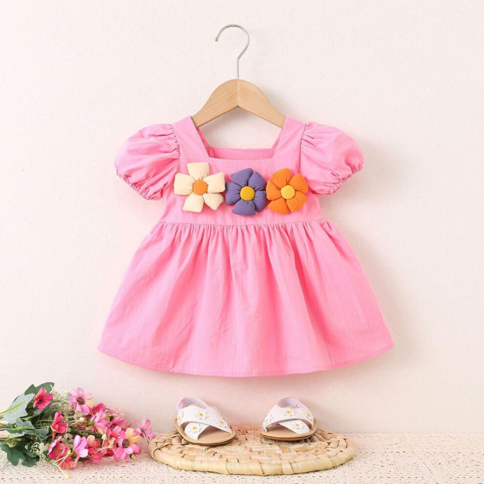 (pink, 100cm) Summer New Girls Bubble Sleeve Dress, Princess Skirt, Children's Summer Baby Girl Flower Skirt