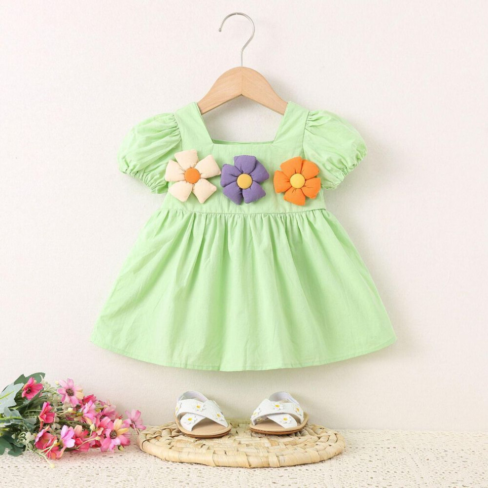 (green, 100cm) Summer new girls bubble sleeve dress, princess skirt, children's summer baby girl flower skirt