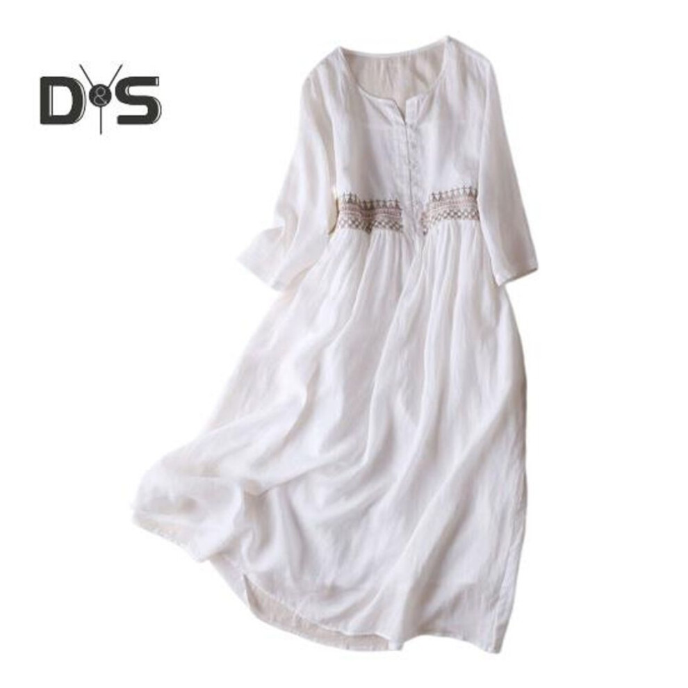 (white, M) Spring Summer Dress Embroidery Ninth Sleeve Loose Midi Dress Round Neck Lightweight Dress for Office Summer Beach Party