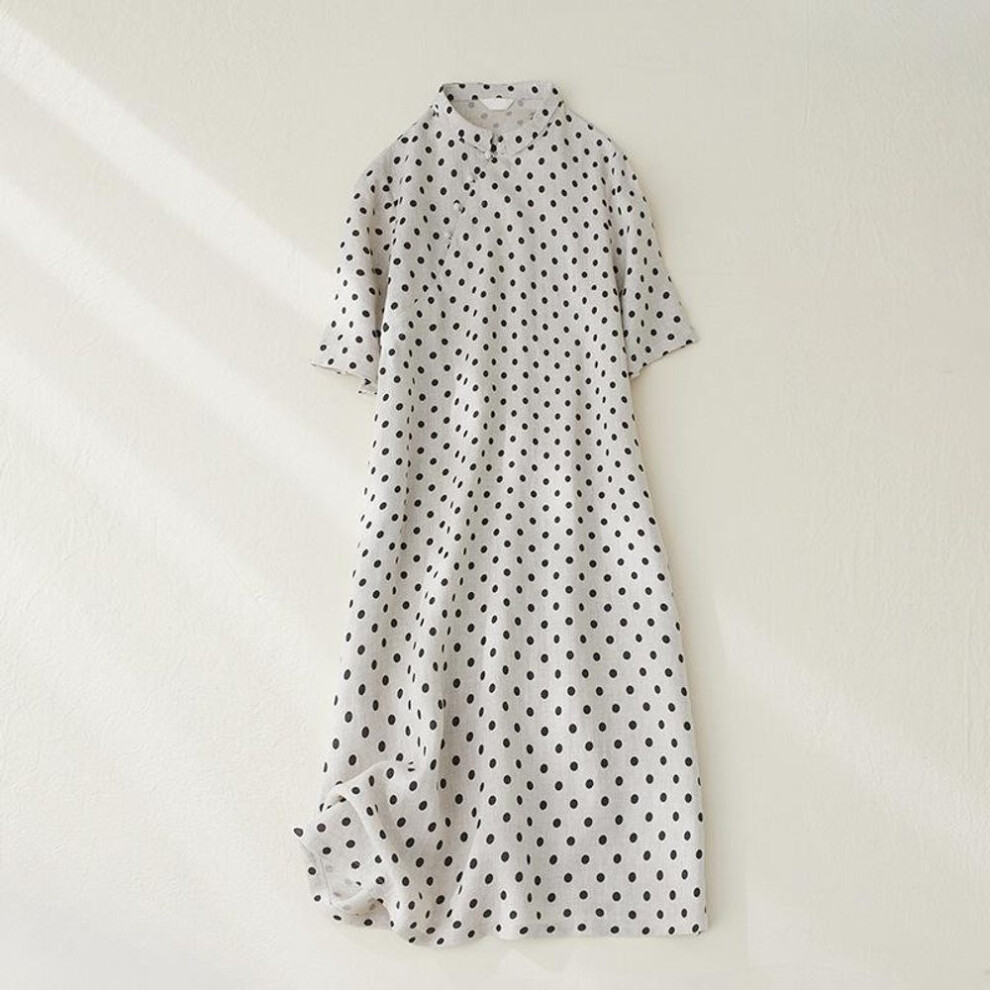 (as the picture, XL) 2025 summer new cotton and linen travel literary polka dot loose A-shaped dress women's semi-turtleneck casual medium and long dress