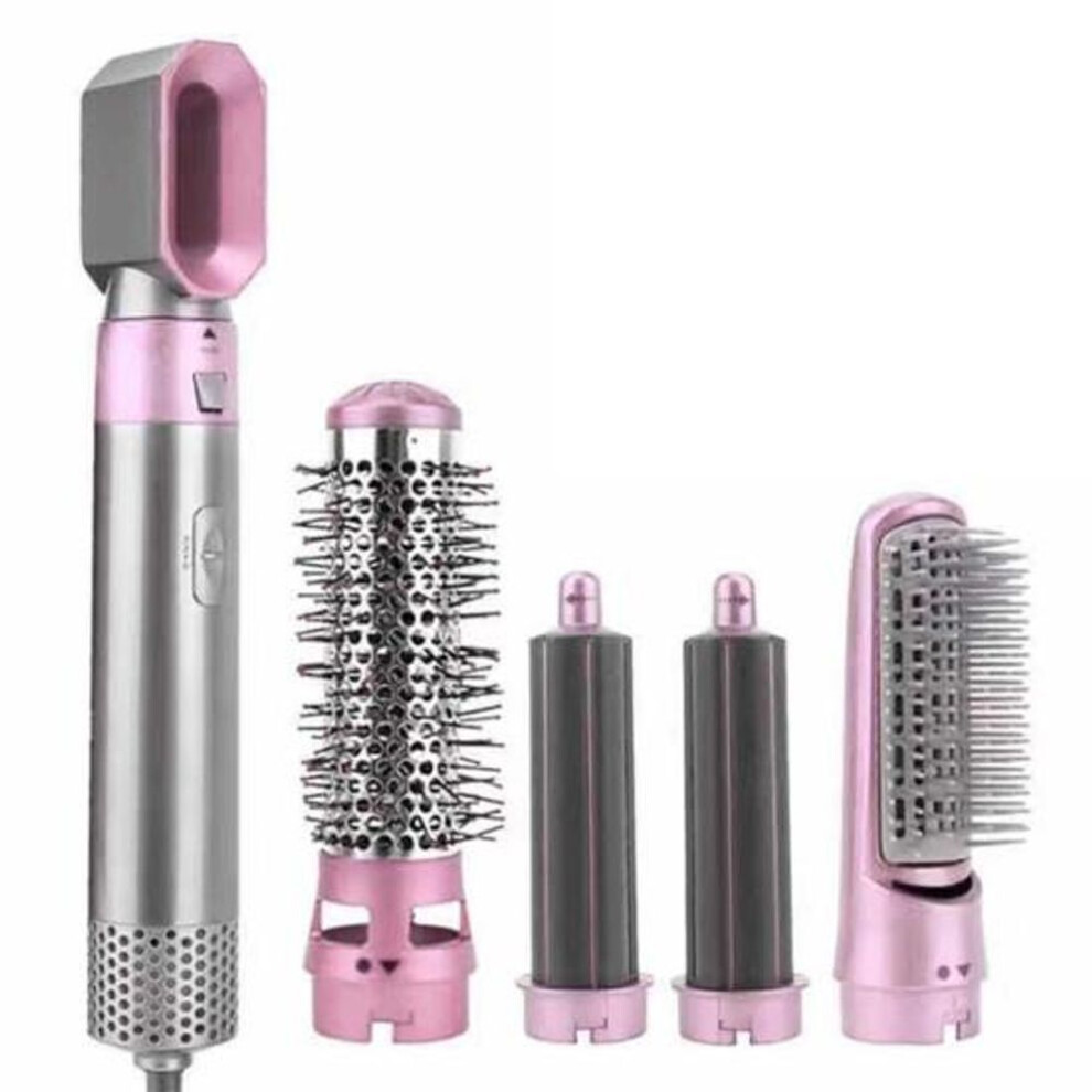(pink) 5-in-1 Electric Hair Dryer With 5 Attachment Nozzles Multi-functional Hot Brush Automatic