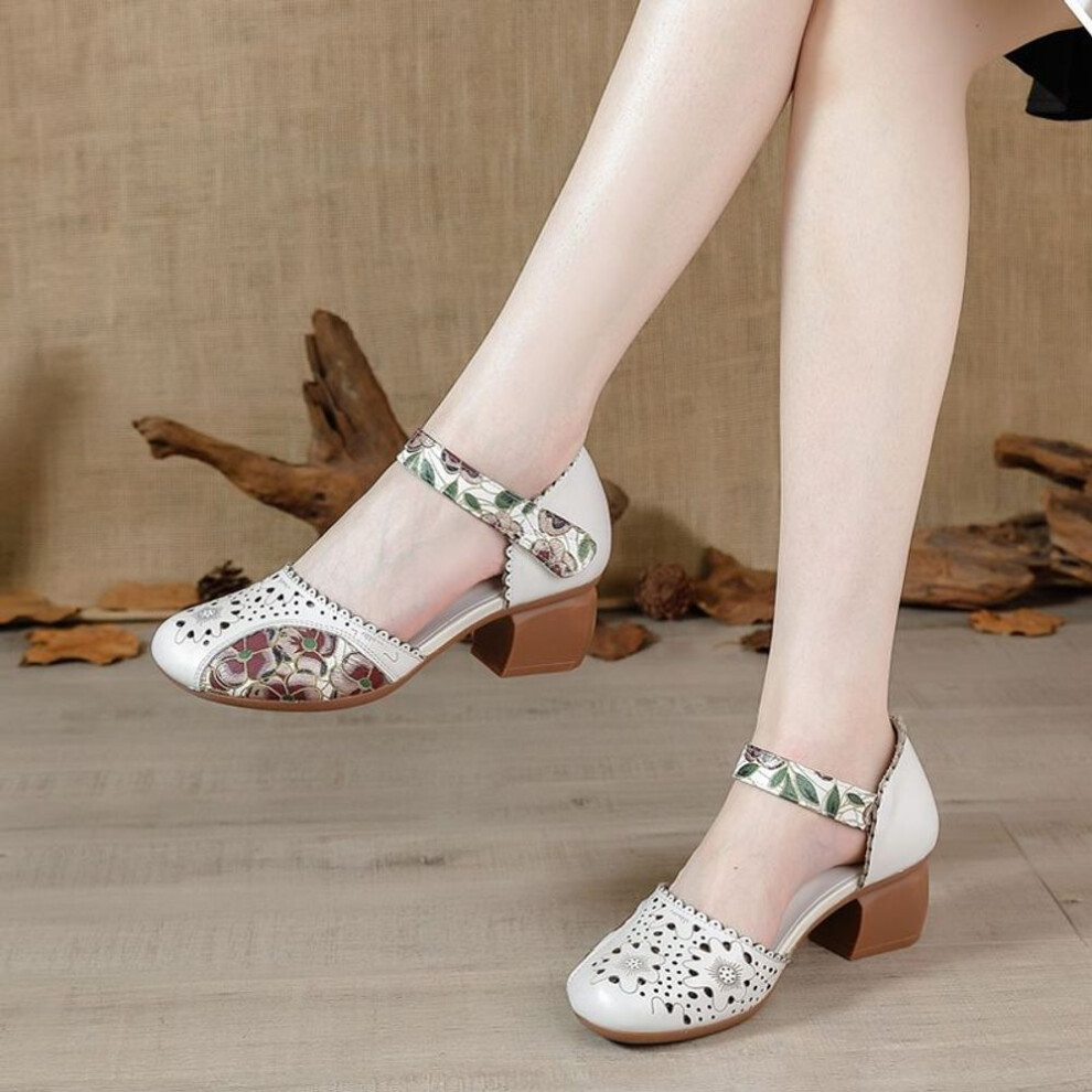 (grey, 36) Women  Leather Shoes Sandals High Heel Summer Cool Beach Hollow Flowers shoes Female luxury sandals women