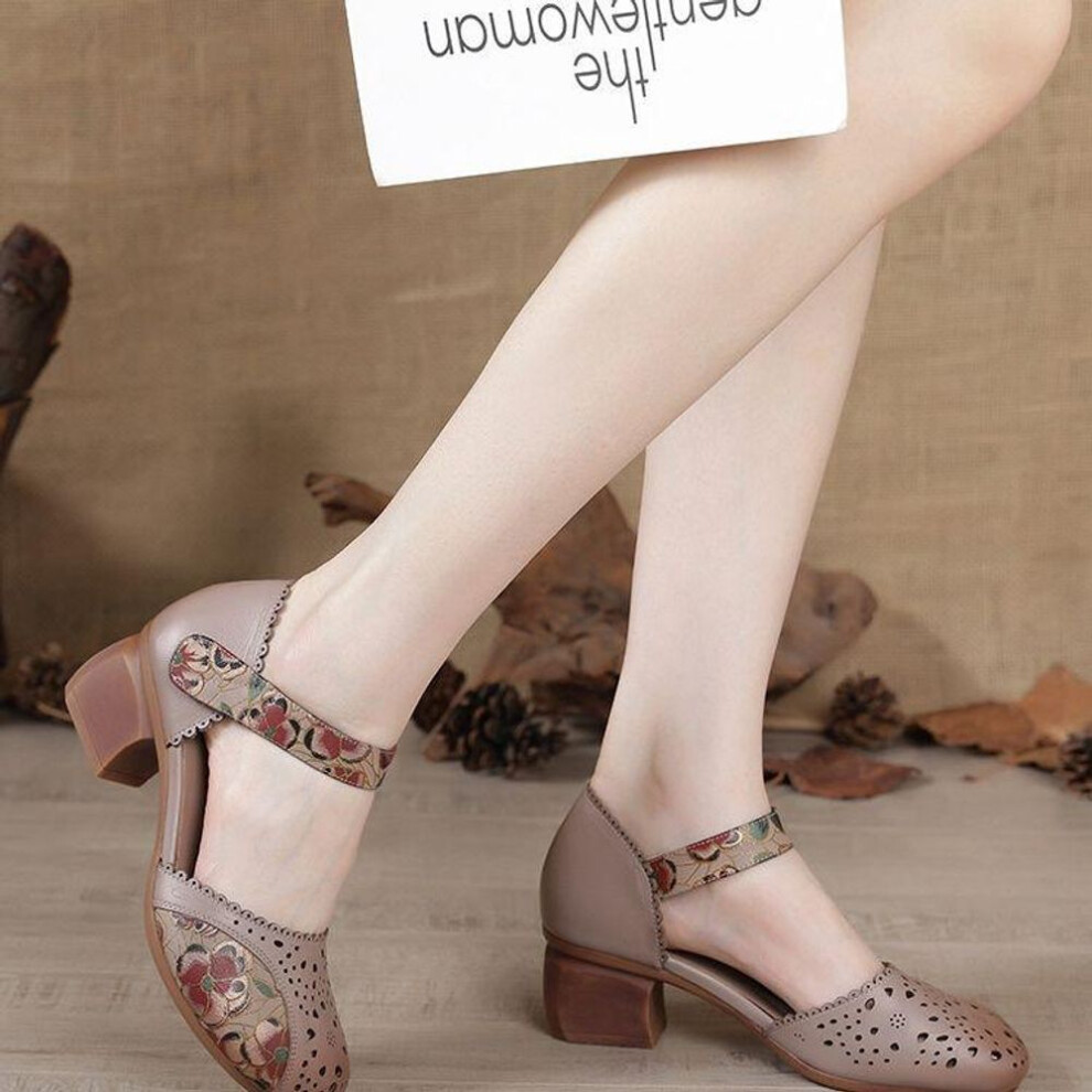 (khaki, 39) Women  Leather Shoes Sandals High Heel Summer Cool Beach Hollow Flowers shoes Female luxury sandals women