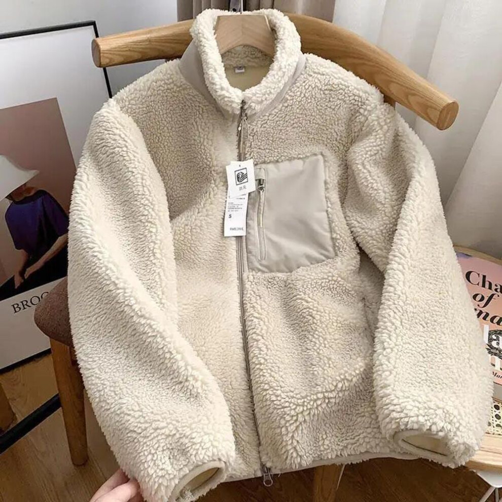 (beige, XL) Autumn and Winter Japanese Men Women Fleece Stand Neck Jacket Couple Zipper Loose Warm Lamb Wool Coat Solid Color Jacket