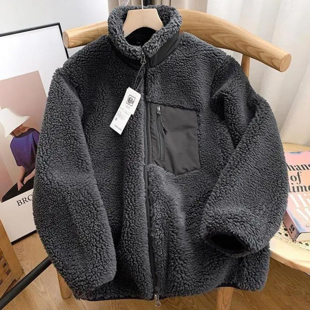 (grey, M) Autumn and Winter Japanese Men Women Fleece Stand Neck Jacket Couple Zipper Loose Warm Lamb Wool Coat Solid Color Jacket
