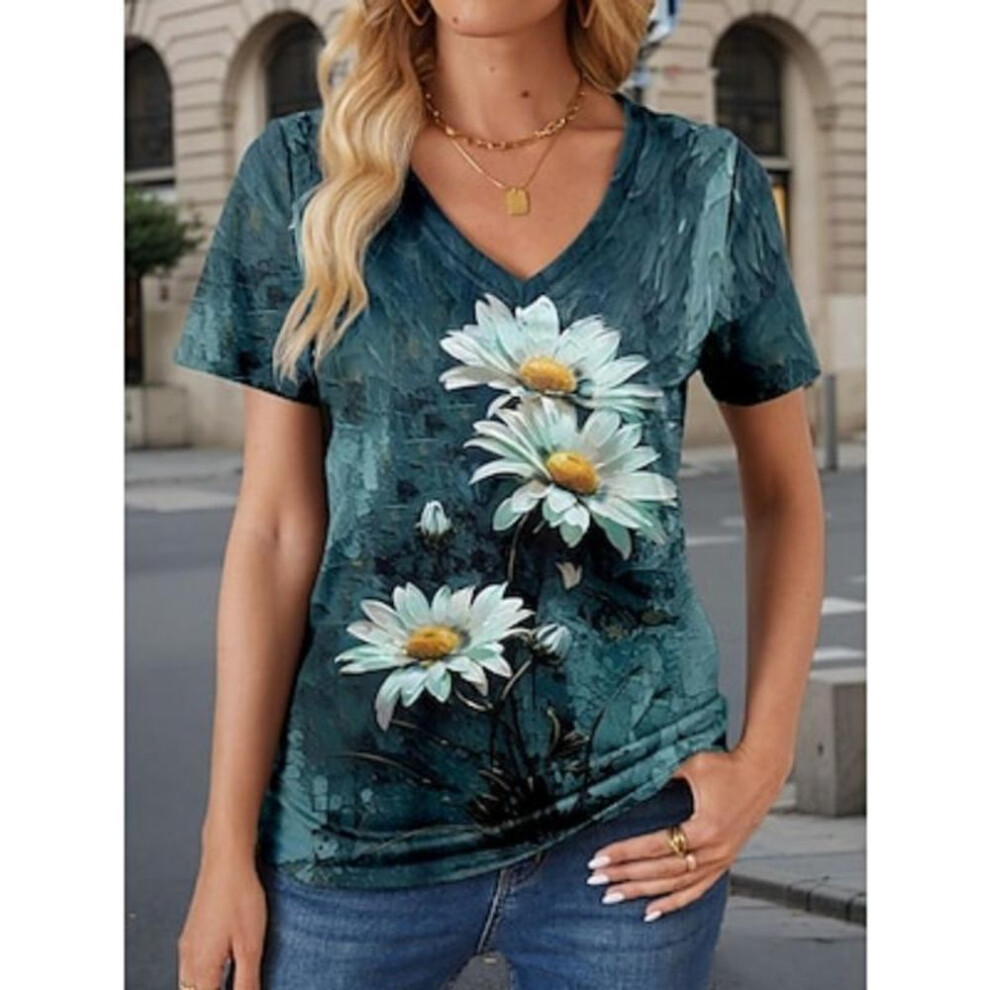 (6XL, as the picture) Women's T Shirt Stylish Casual Floral Regular Tops Short Sleeve V Neck Print Regular Fit Daily Blue Summer