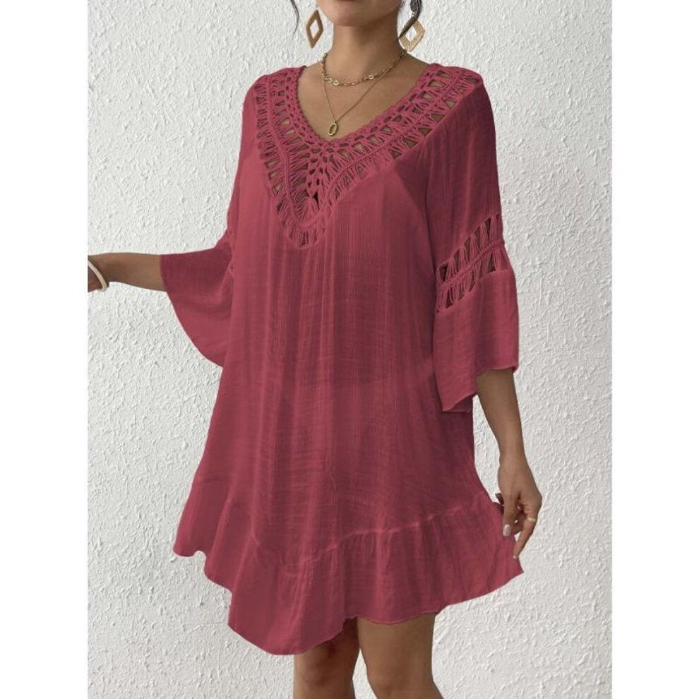 (L, as the picture) Plus Size Women's Handhook Flower Stitching Fringe Sexy Backless Beach Bikini Smock Dress