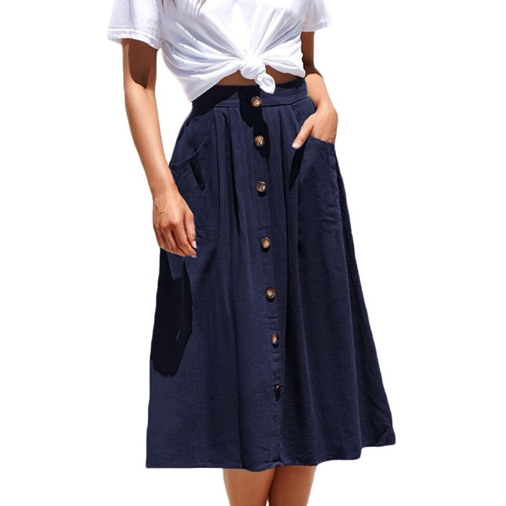 (L, dark blue) Women's Casual Loose Casual Pocket  A-line High Waisted Mid Length Skirt With Pocket