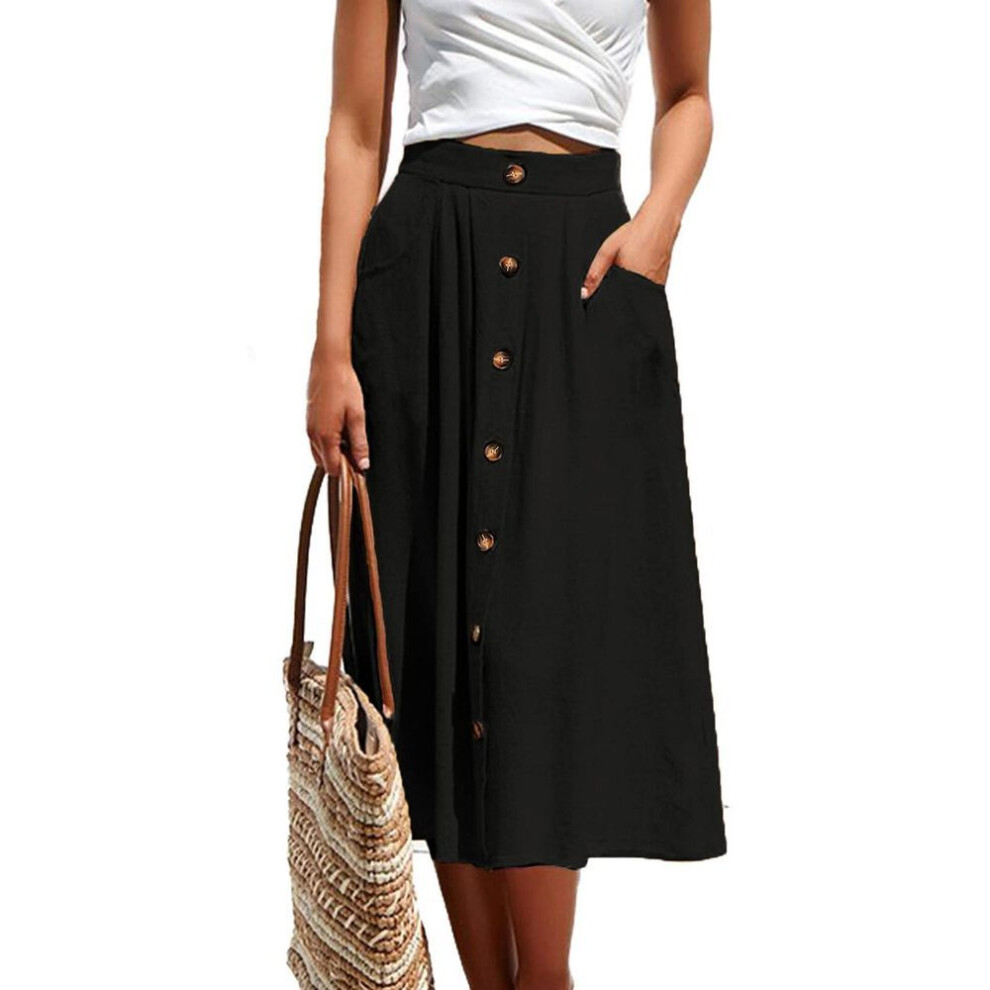 (XL, black) Women's Casual Loose Casual Pocket  A-line High Waisted Mid Length Skirt With Pocket