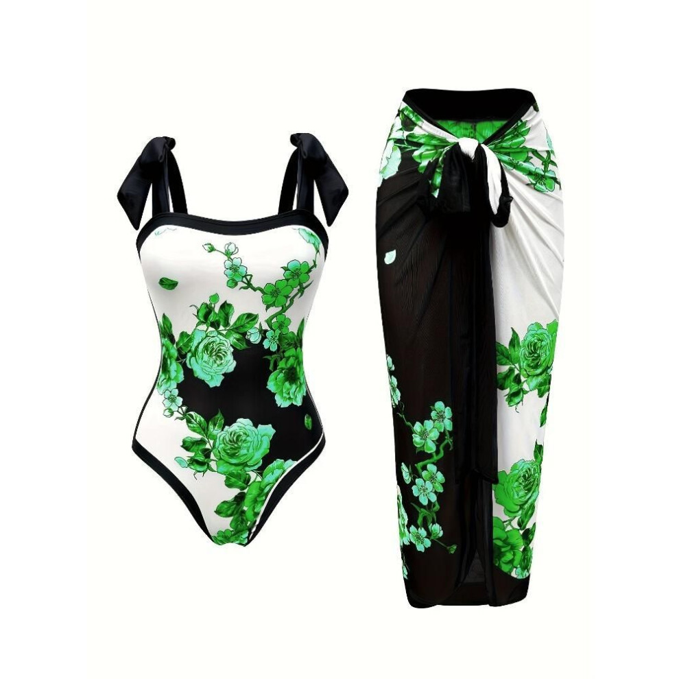 (XL, green) One-Piece Swimsuit with Sun Protection, Featuring a Floral Print And a Stylish Sheer Skirt, Perfect for The Beach