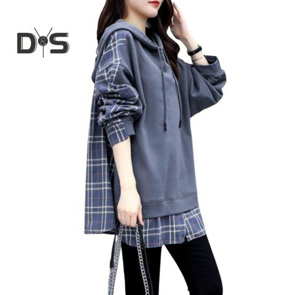 (M, navy blue) Spring Fall Women Hoodie Plaid Print Fake Two-piece Mid Length Drawstring Long Sleeves Pullover Daily Wear School Sport Top