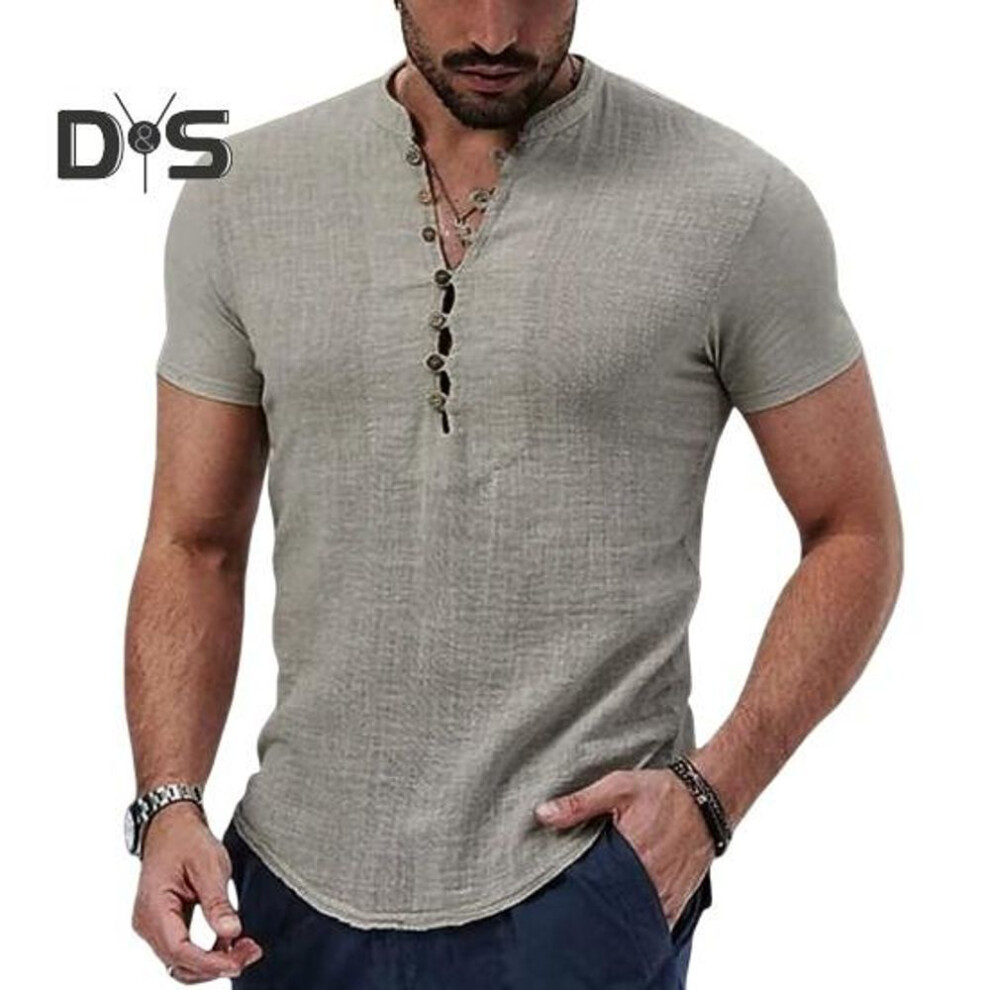 (apricot, L) Men's Cotton Linen Shirt Casual Button Top Loose Fit Short Sleeve T Shirt Breathable Summer Clothes For Daily Wear