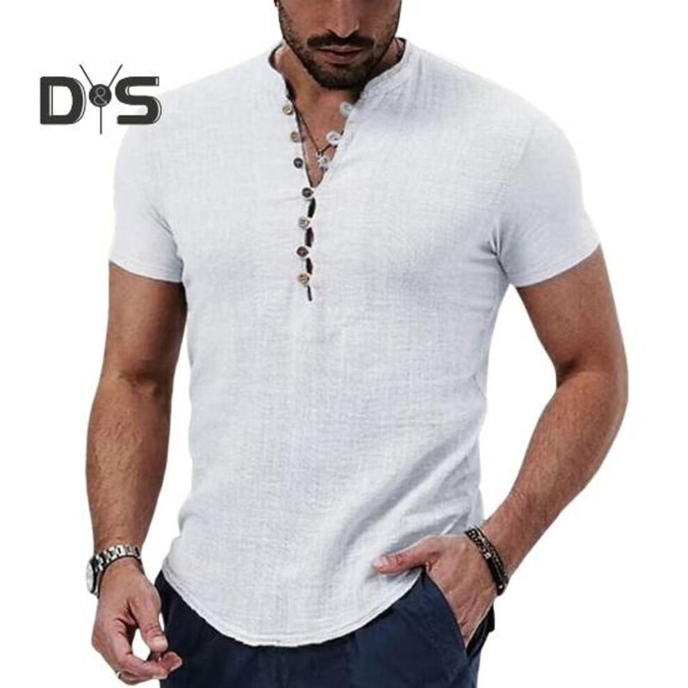 (white, M) Men's Cotton Linen Shirt Casual Button Top Loose Fit Short Sleeve T Shirt Breathable Summer Clothes For Daily Wear