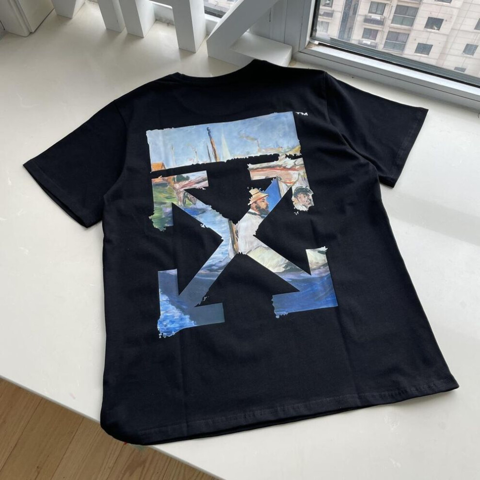 (M, black) Off-white 2025 Summer New Monet Oil Painting Arrow Print Classic Short Sleeved T-shirt For Men And Women Couple T-shirt