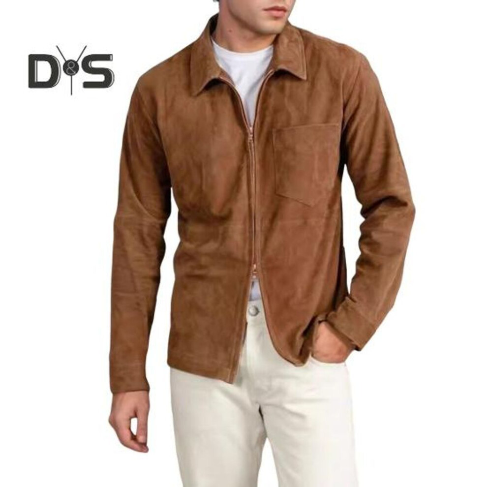 (brown, L) Men Coat Lapel Long Sleeve Solid Color Suede Jacket with Double-Ended Zipper Pockets Casual Street Style Outerwear