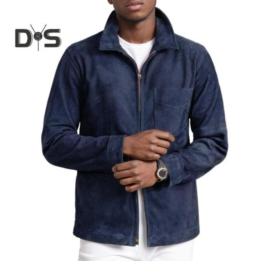 (navy blue, M) Men Coat Lapel Long Sleeve Solid Color Suede Jacket with Double-Ended Zipper Pockets Casual Street Style Outerwear