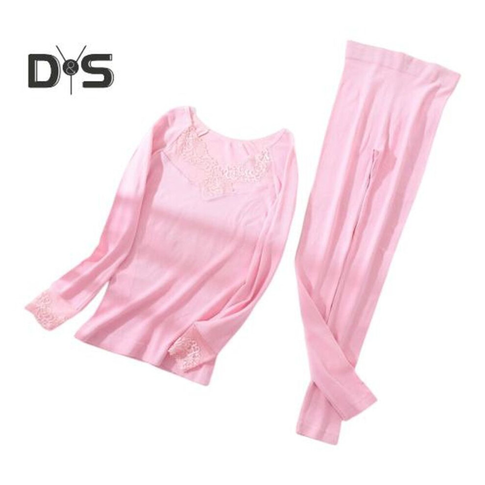 (pink) 1 Set Women Thermal Underwear Suit Autumn Winter Lace V-neck Long Sleeve Shirt Bottom Long Pants Cold Weather Warm Base Layer Top Legging