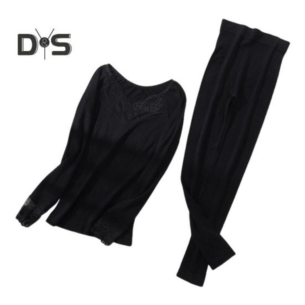 (black) 1 Set Women Thermal Underwear Suit Autumn Winter Lace V-neck Long Sleeve Shirt Bottom Long Pants Cold Weather Warm Base Layer Top Legging
