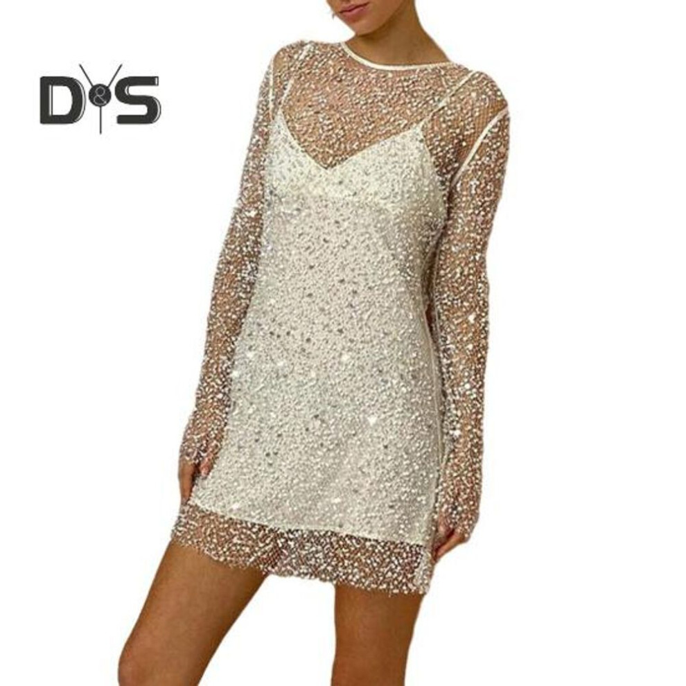 (white, XL) 2 Pcs/Set Women Dress Set See-through Mesh Sequin Long Sleeves O Neck V Neck Slip Dress Party Club Mini Dress