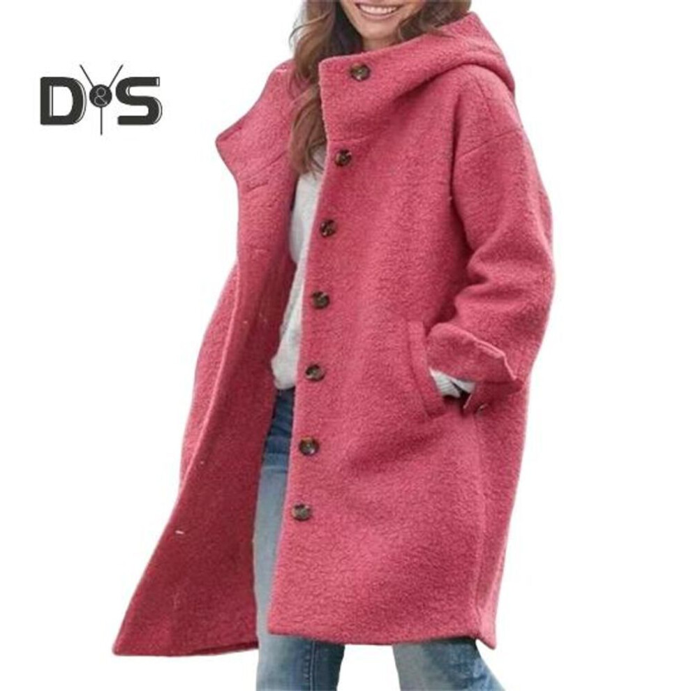 (rose red, M) Fall Winter Women Overcoat Hooded Single-breasted Pockets Long Sleeves Windbreaker Mid Length Thick Warm Windproof Solid Color Loose Daily Wear Coat