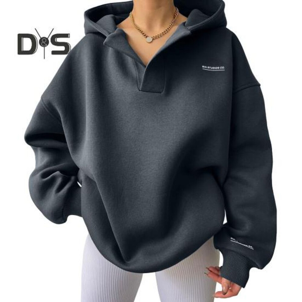 (S, grey) Autumn Winter Women Hoodies V Neck Long Sleeves Pullover Tops Fashion Solid Color Hooded Sports Coat Casual Loose Sweatshirt Female Streetwear