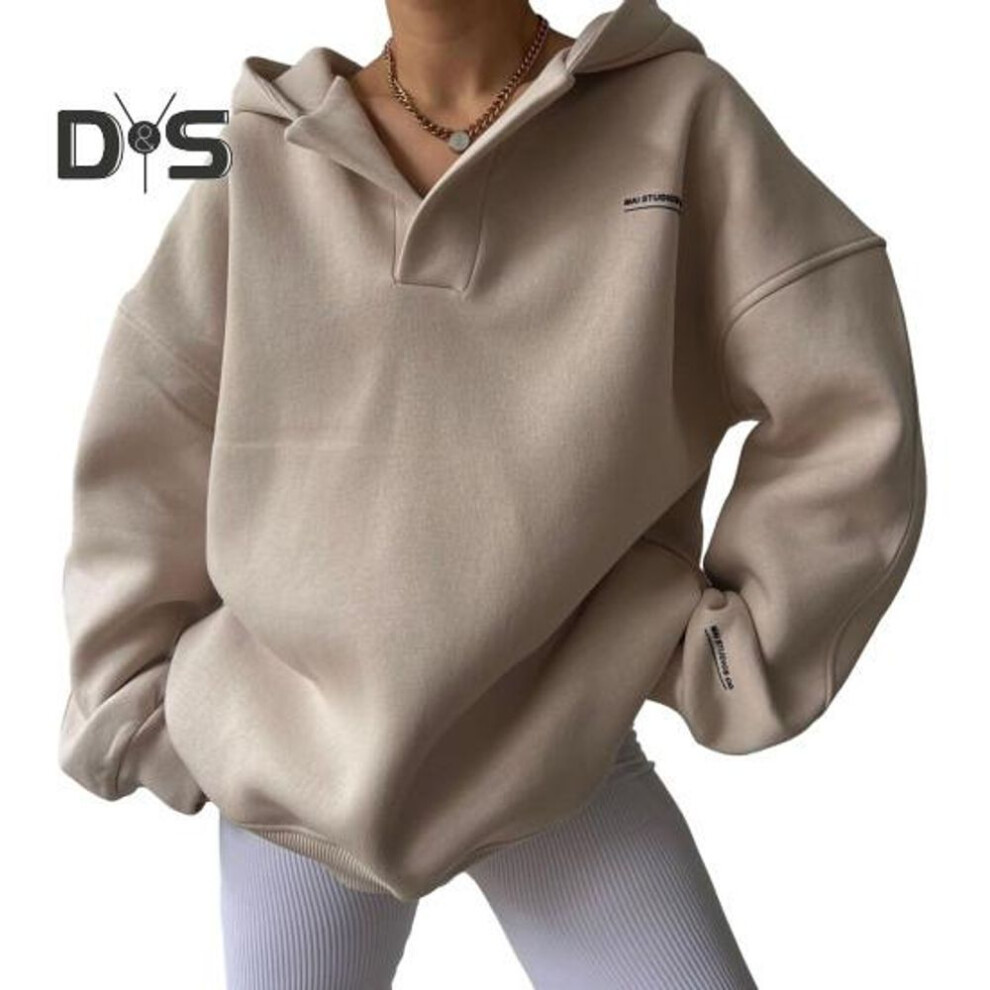 (L, apricot) Autumn Winter Women Hoodies V Neck Long Sleeves Pullover Tops Fashion Solid Color Hooded Sports Coat Casual Loose Sweatshirt Female Streetwear