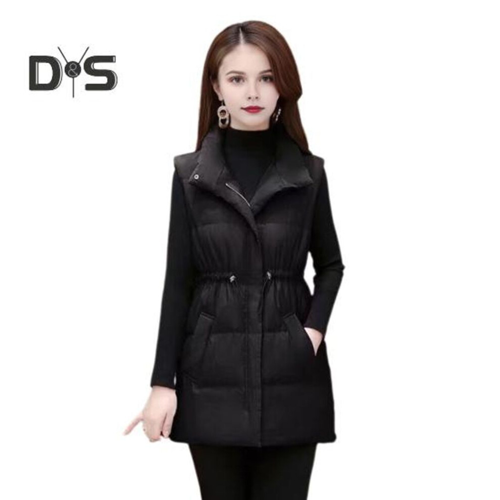 (black, 2XL) Women Winter Coat Padded Stand Collar Mid Length Sleeveless Windproof Jacket Slim Fit Keep Warm Elastic Waist Zipper Closure Waistcoat