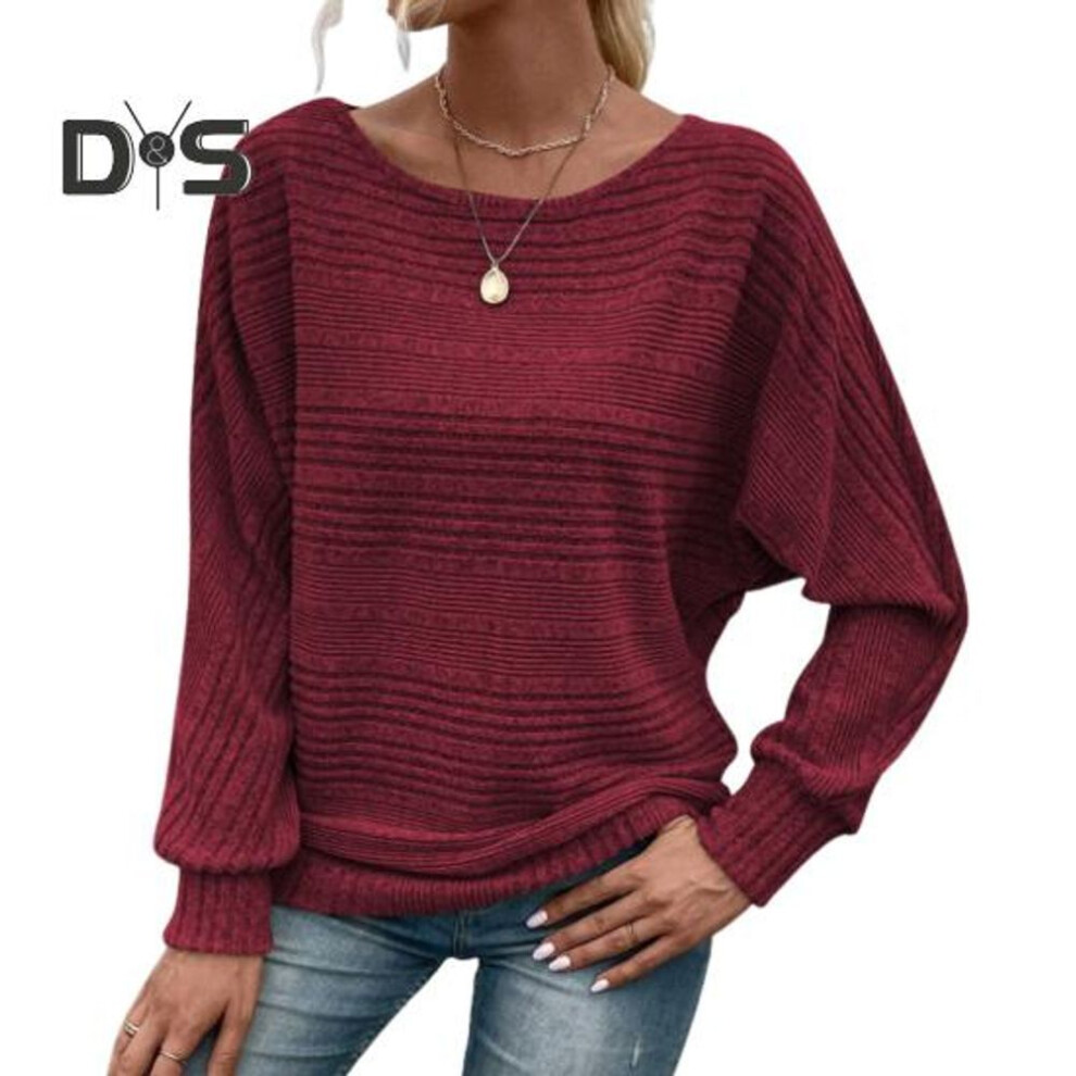 (XL, wine red) Women T-shirt Round Neck Solid Color Long Sleeve T-Shirt Loose Fit Autumn Winter Casual Pullover Tops