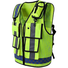 (As show, One size) Hi Vis Vest with Multi-pockets,High Visibility Safety Vest Waistcoat Adjustable, Security Traffic Police Vest w/ Reflective Strips, Fluorescent Yellow