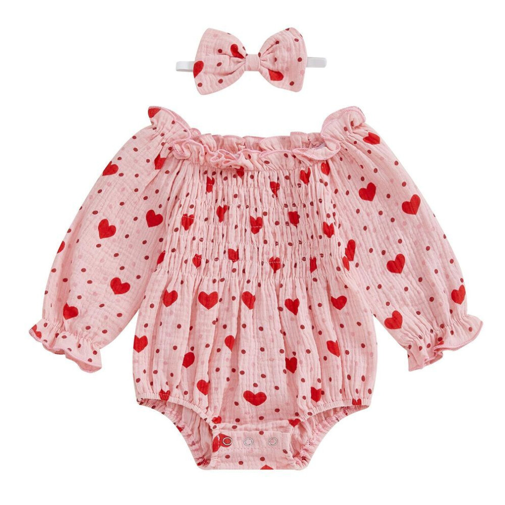(pink, 12-18 Months) Baby Girls Romper Heart Print Long Sleeve Jumpsuits And Cute Headband Set For Toddler Infant Outfits