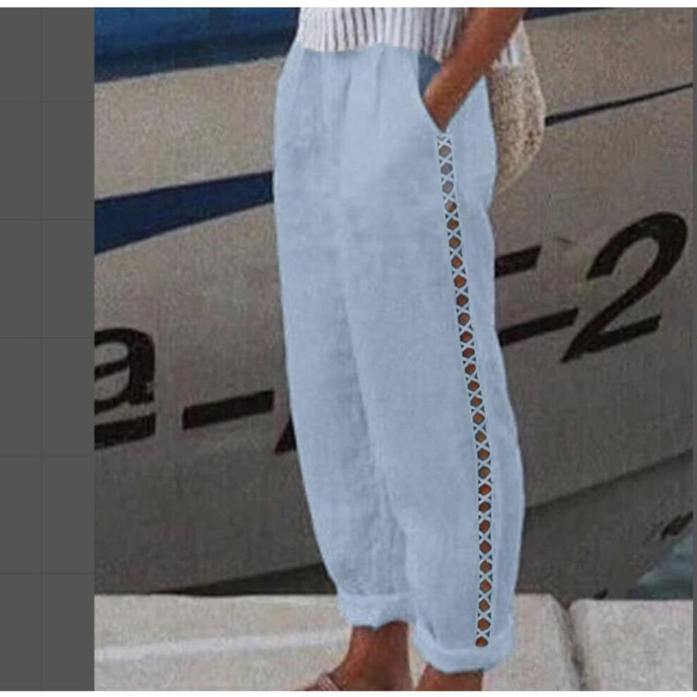(light blue, XL) Women's Spring Summer White Pocket Cotton Linen Pants Vintage Elastic Waist Solid Hallow Out Loose Casual Trousers
