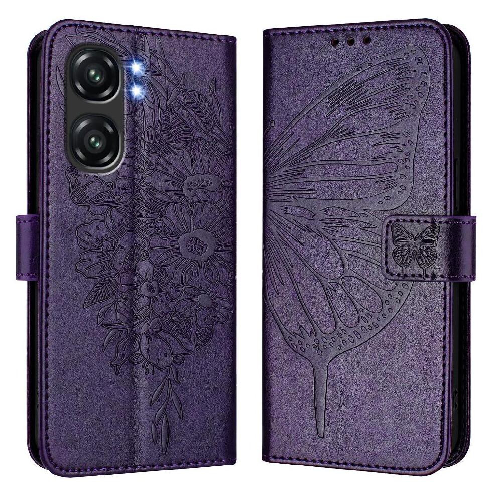( Violet) Case For Oukitel C58 Pro Premium Leather Flip Cover Magnetic Embossing Butterfly Dark 764563480166
