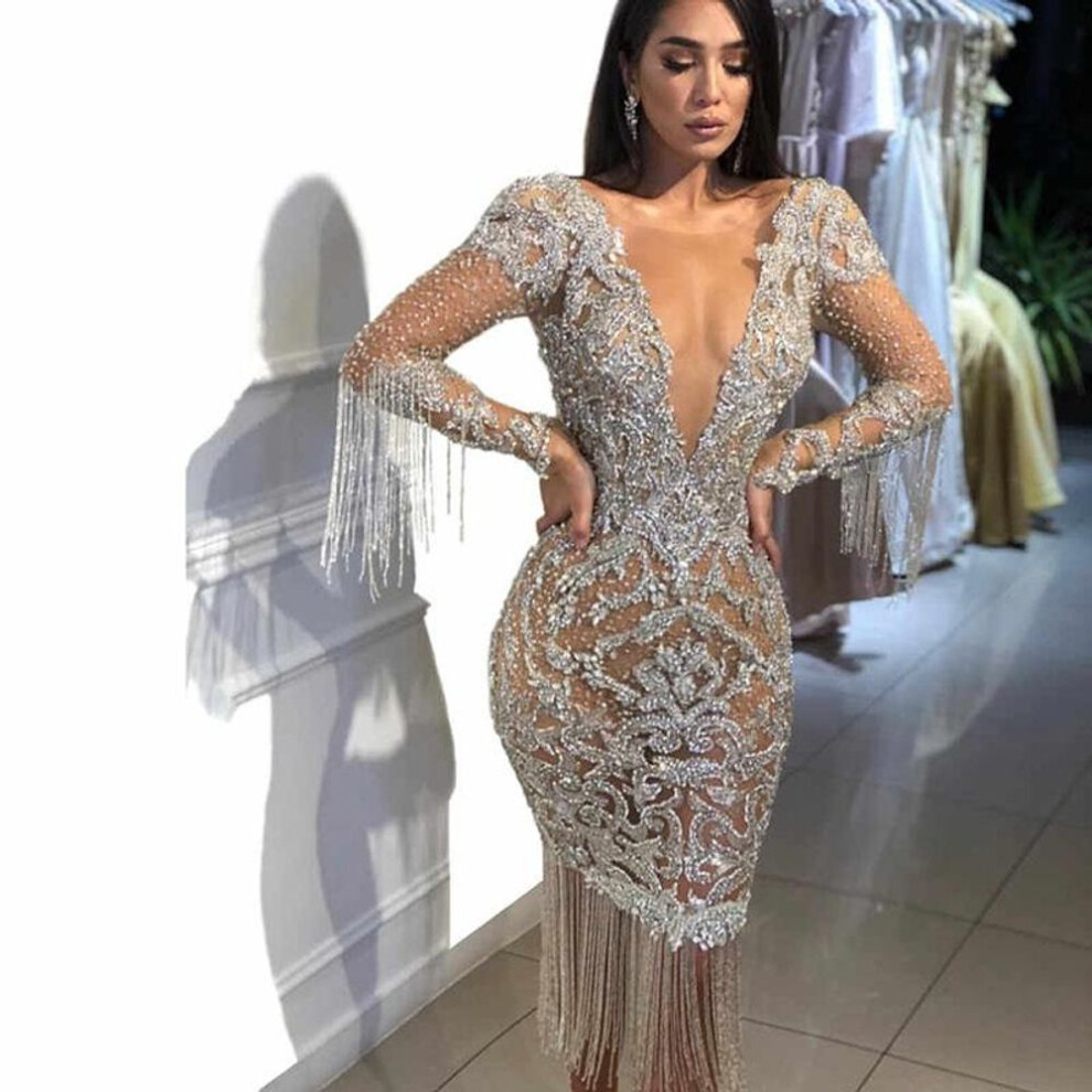 (silver, M) 2025 Spring And Summer New Women's Clothing Deep V Long-sleeved Gold Dress Long Dress, Dress