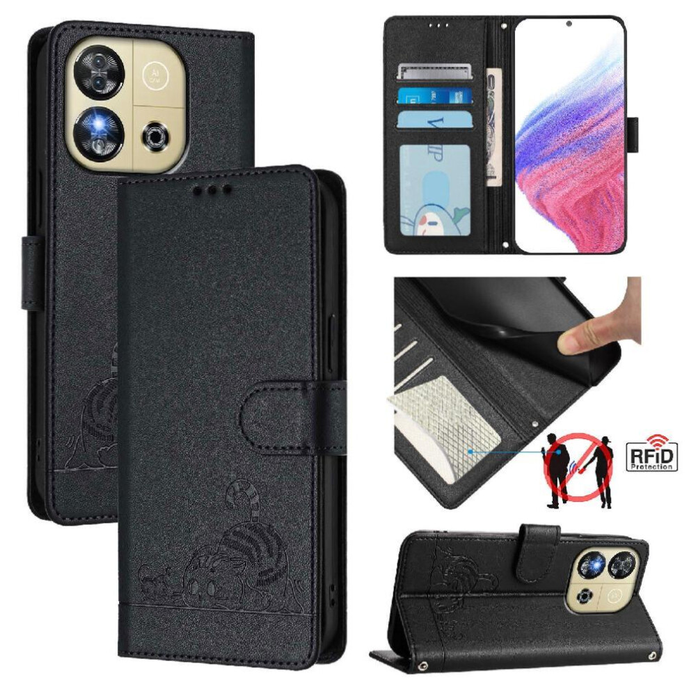 (Black) Case For Oukitel C57 Wallet Flip Cover Cat Rfid Card Slot Holder Kickstand Black 764563482597