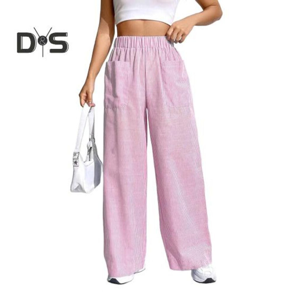 (pink, S) Women Pants Elastic Waist Mid-rise Wide Leg Long Trousers With Pockets Plaid Print Comfortable Casual Trousers