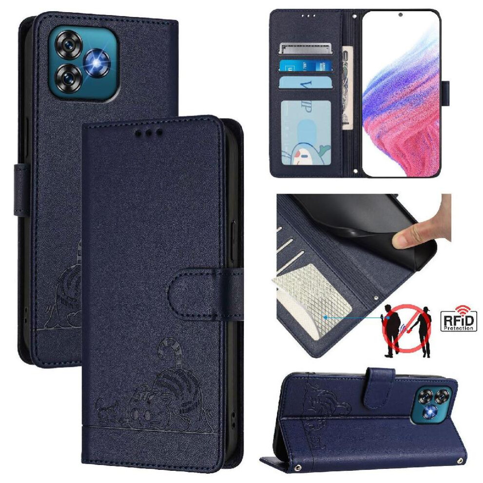 (Blue) Case For Oukitel C53 Card Slot Holder Kickstand Wallet Flip Cover Cat Rfid Blue 764563485598