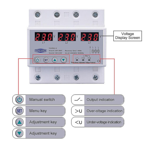 (As show, One size) Three Phase Adjustable Over And Under Voltage Protector Automatic Protective Device Reset 63a 380v-C8