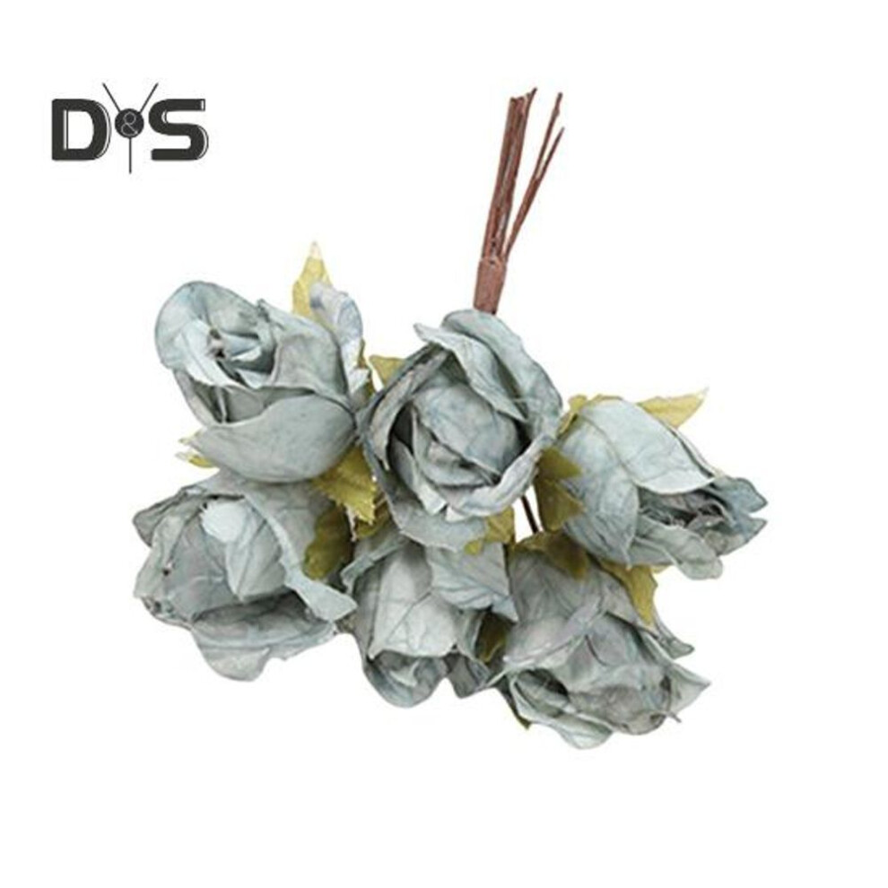 (blue) Artificial Vintage Rose Bouquet 6 Head Realistic Fake Silk Flower Wedding Party Home Office Table Centerpiece Faux Floral Branch Decoration