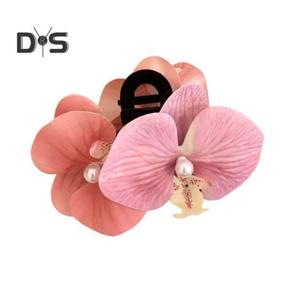 (pink) Bow Orchid Flower Decor Hair Claw Faux Pearl Inlaid Flower Hair Grip Secure Hold Back Head Hair Claw Hair Accessories