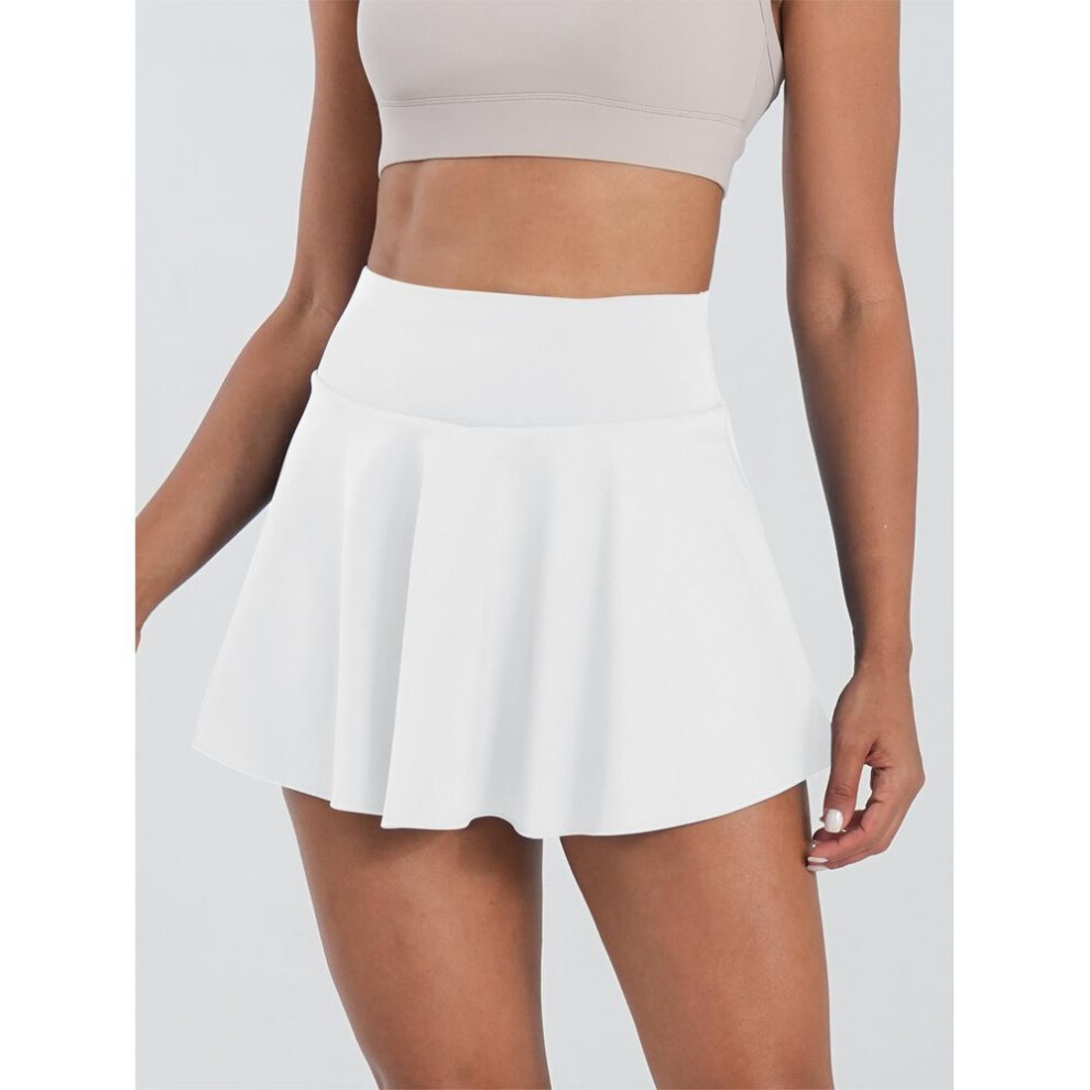 (L, white) Women's Pleated Tennis Skirt With Shorts - Sport Golf Skort With Pockets, Ideal For Fitness And Running