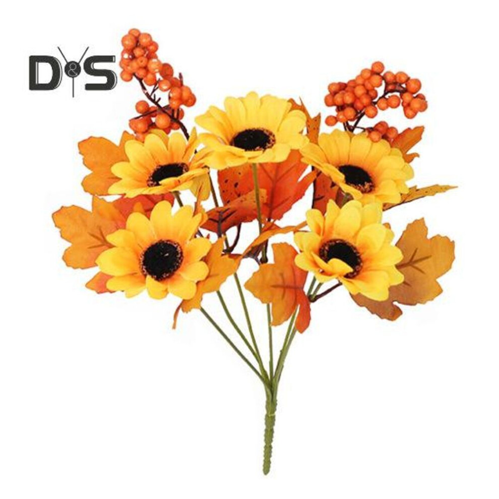 (as the picture, H) Fall Artificial Flower Bouquet Realistic Fake Silk Sunflower Halloween Thanksgiving Harvest Festival Indoor Outdoor Faux Floral Decoration Table