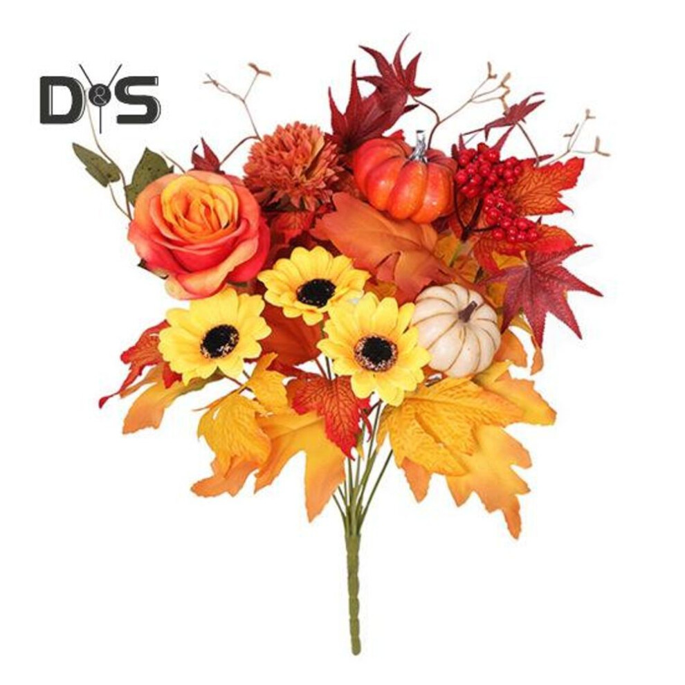 (as the picture, C) Fall Artificial Flower Bouquet Realistic Fake Silk Sunflower Halloween Thanksgiving Harvest Festival Indoor Outdoor Faux Floral Decoration Table