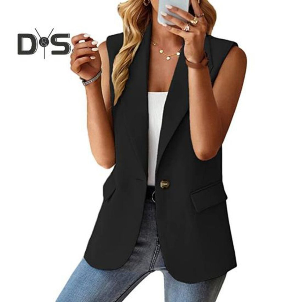 (black, 2XL) Women Blazer Waistcoat Lapel Single Button Sleeveless Formal Business Of Commute Straight Patch Pockets Solid Color Mid Length Lady Suit Coat