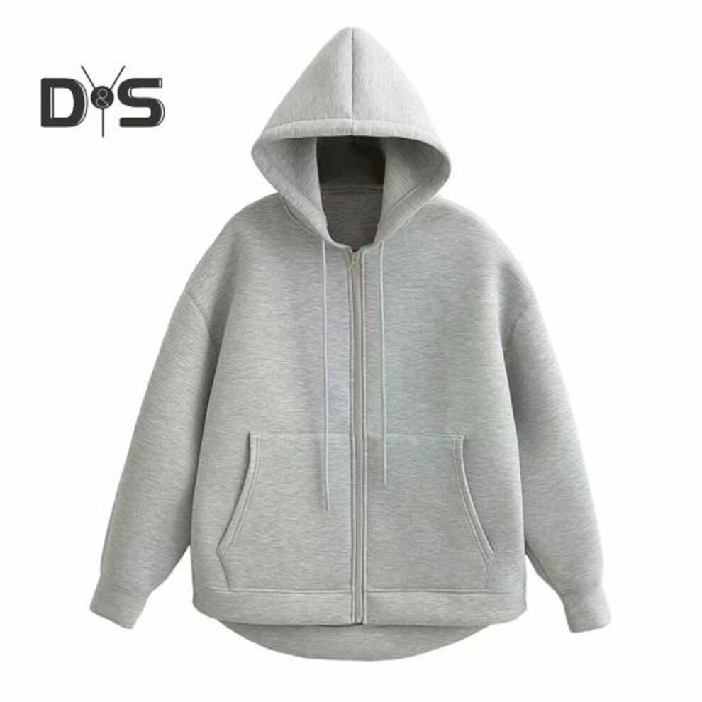 (M, light grey) Autumn Spring Women Coat Hooded Drawstring Long Sleeves Pockets Zip-up Elastic Cuff Hem Loose Sport Hoodie Casual Daily Wear Jacket